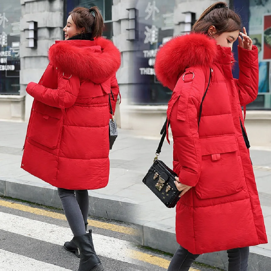 Зимняя куртка женская новая женская зима Woats модная женская длинная секция толстый большой меховой воротник хлопок женская зимняя большая - Цвет: Красный