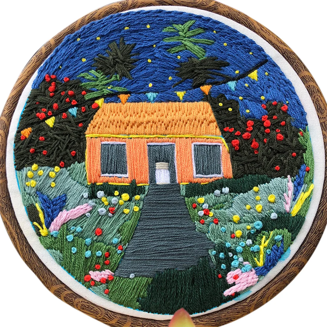 

DIY Knitting Wool Rug Hooking Kit Handcraft Woolen Embroiderywith 15 x 15cm Embroidery Frame Kit- Blue Starry Sky House Flower