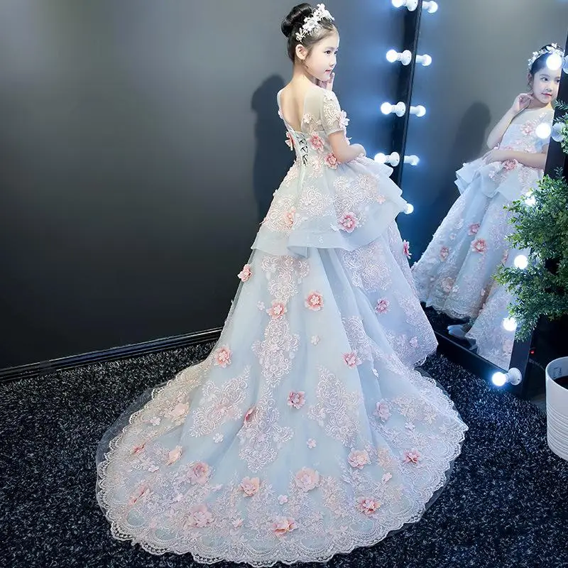 Trailing Dress Длинное платье со шлейфом для девочек, детский для девочек в цветочек, с вышивкой, свадебные вечерние платья, бальное платье принцессы, детское праздничное платье на день рождения - Цвет: Trailing Dress