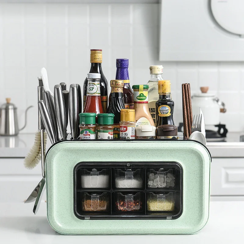 Multi-function Kitchen Organizer Storage Box Pantry Organizer Kitchen Shelf Condiment Box 6 Grids Kitchen Holder With Dust Cover