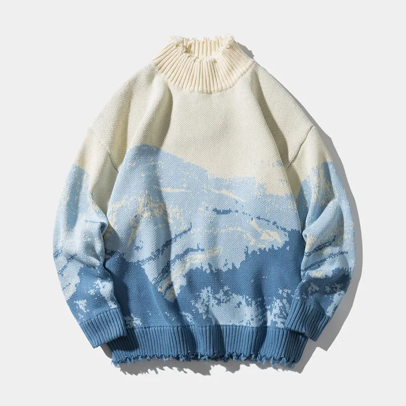 

Autumn Winter Turtleneck Knit Sweaters Couples Pullover Men Women 3d Snow mountain Print Xmas Loose Sweaters Unisex Street Tops