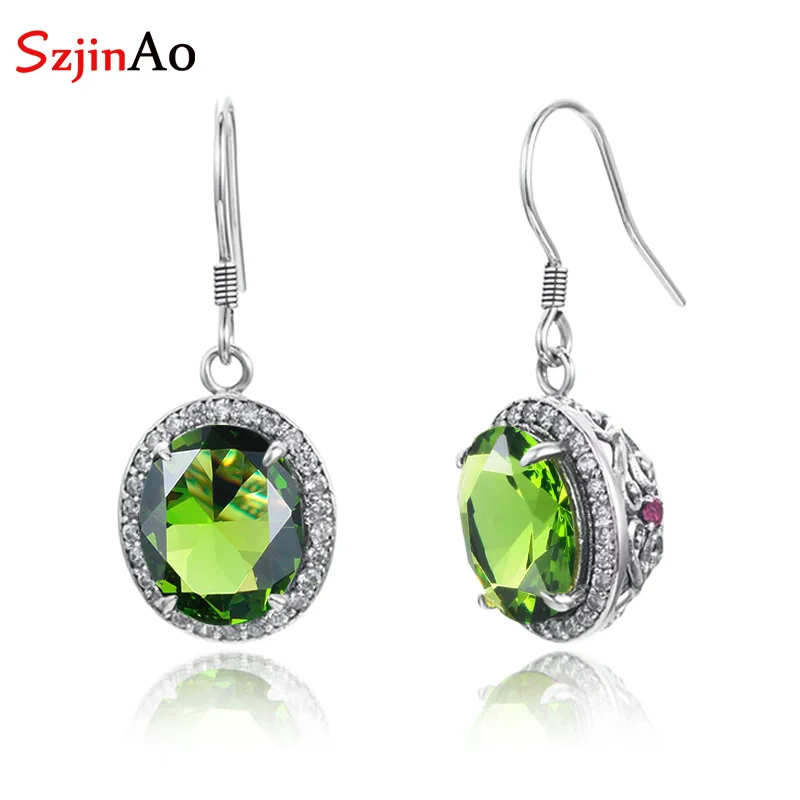 

SzjinAo Handmade Round Big Aquamarine Earrings Solid 925 Sterling Silver Luxury Fine Jewelry March Birthstone Earring Wholesale