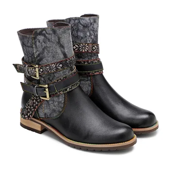 

YourSeason Retro Ladies Genuine Leather Zip Boots New 2020 Winter Round Toe Patchwork Female Buckle Ankle Platform Shoes