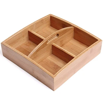 

Wooden Desk Organizer, Bamboo Tray Storage Tray, 4 Grid Snack Tray with Dish and Desktop Storage with Handle, Portable Snack Sto