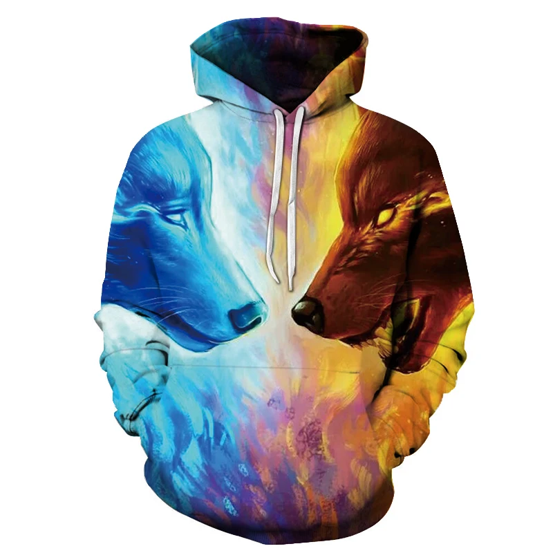 

Autumn Loose Hooded Sweatshirt Ice Fire Wolf Head Men Clothing 3d Animal Printing Sweatwear Pullovers Stranger Things Hoodie