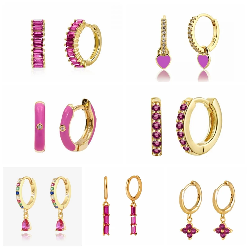 BOAKO-Pendientes de aro de plata 925 para mujer, pendiente Huggie de moda, aretes de circonita rosa y púrpura, joyería, regalos, 2021