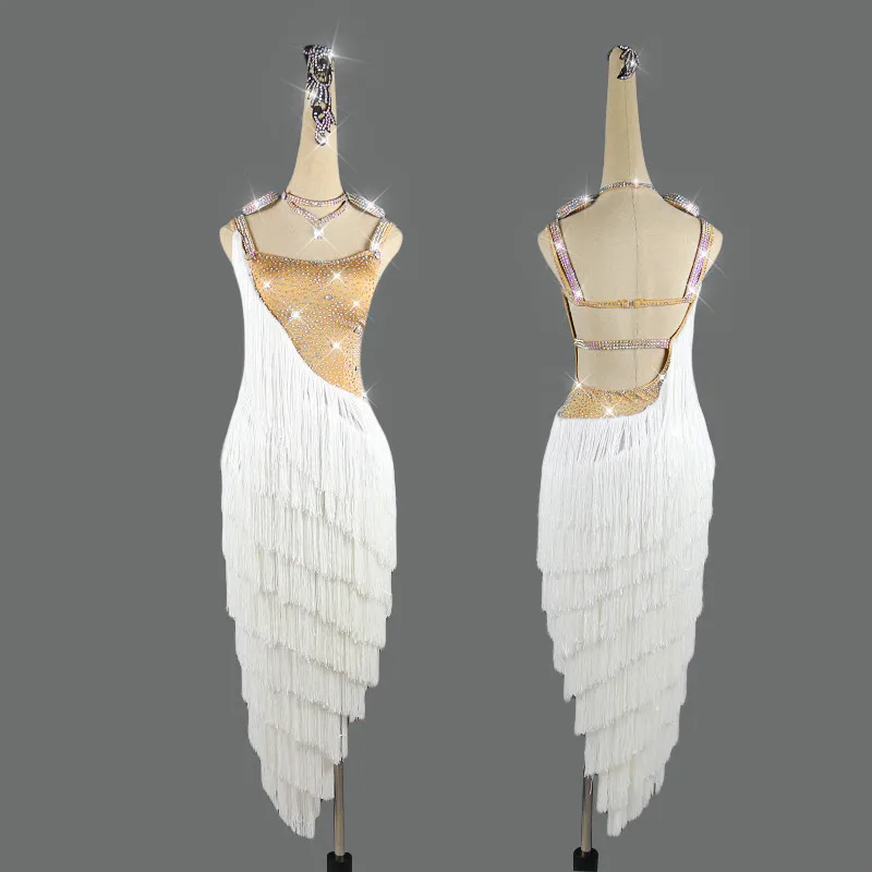 

New Latin Dance Dress Women Competition Costumes Ladies Adult Oblique Shoulder Fringed Long Skirt Stage Performance Clothing