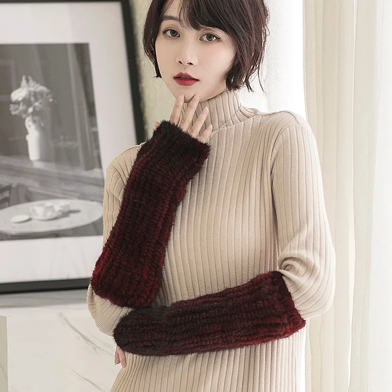 Women's Genuine Mink Fur Long Hepburn Style Gloves, Arm Warmers, Hand Knitted, High Elastic, Half Finger, Sleeve, Autumn, Winter