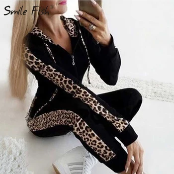 

Autumn Leopard Patchwork Coat With Hood Women Zipper Fly Splice New Outfit Fleece Hoodies Two Piece Set Long Pants Suits GV211