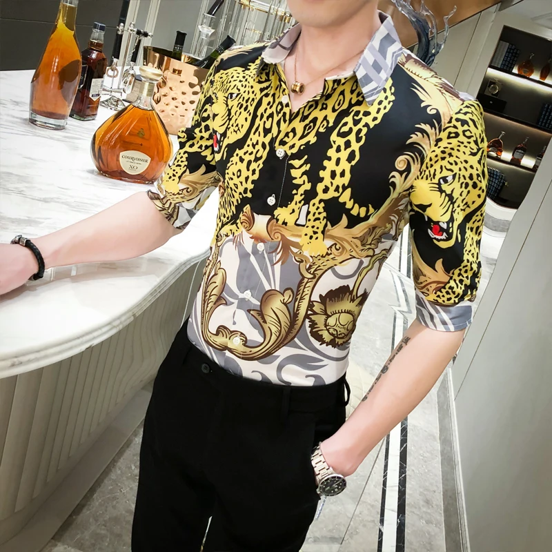 Camisa Homme 2020 Летняя мужская рубашка с золотистым леопардовым принтом рубашки
