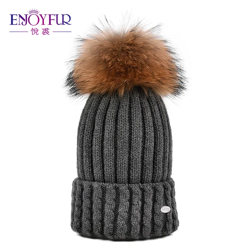 Enjoyfur вязаная шерстяная шапка для женщин реального енота Меха помпоном толстые теплые женские шапки Хорошее качество Шапки для осень-зима шапочки - Цвет: 03