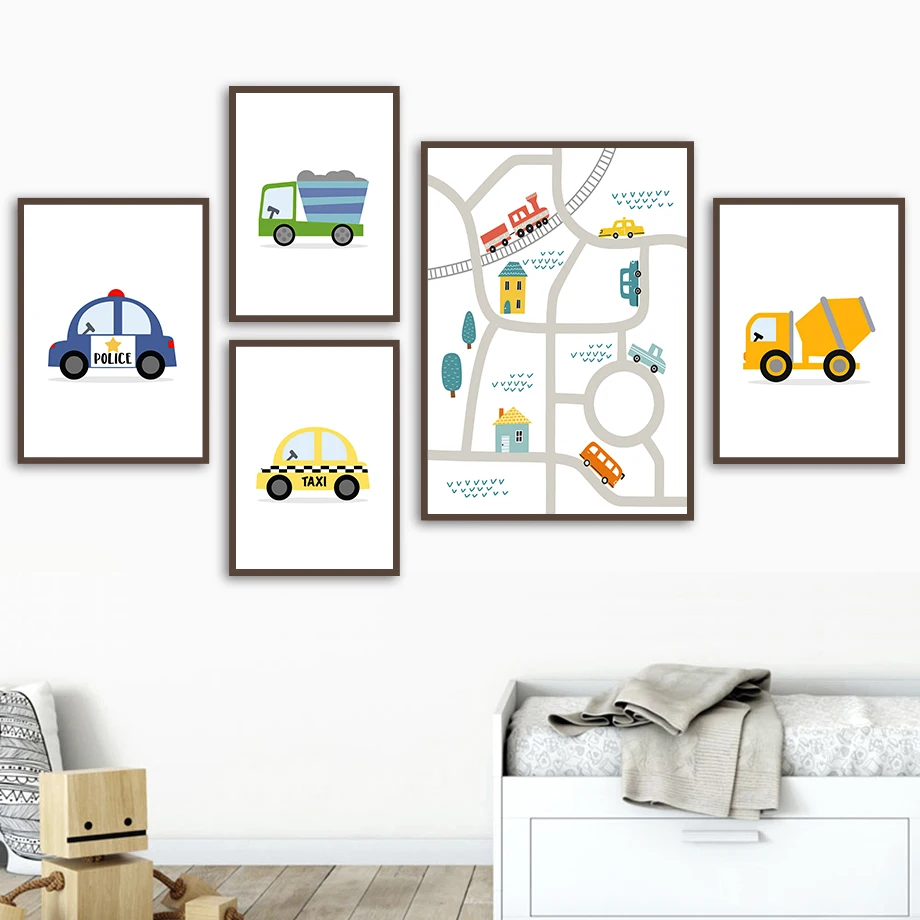 Wall Art Canvas Painting Kids Bus Truck Taxi Engineering Vehicle Nordic Posters And Prints Pictures For Room Decor | Дом и сад