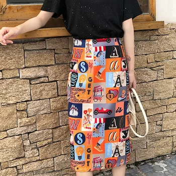 

2020 New Fashion High Waist A Line Skirt Women Summer Midi Skirts Girlfriends Elastic Waist Personality Printed Skirts For Women