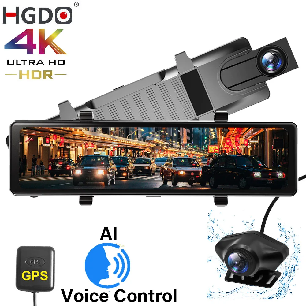 HGDO E466 12'' 4K 2160P Dash Cam Rear View Mirror Reverse Camera GPS Track Video Recorder Sony IMX415 Car DVR Auto Registrar