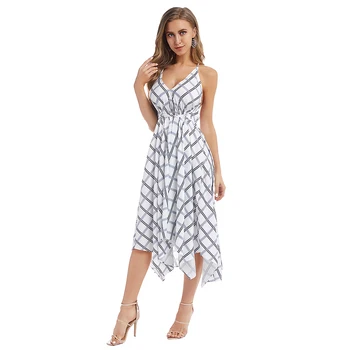 

2019 summer fashion charming new strappy bandage dress irregular large swing dress sexy deep v strap A-line skirt