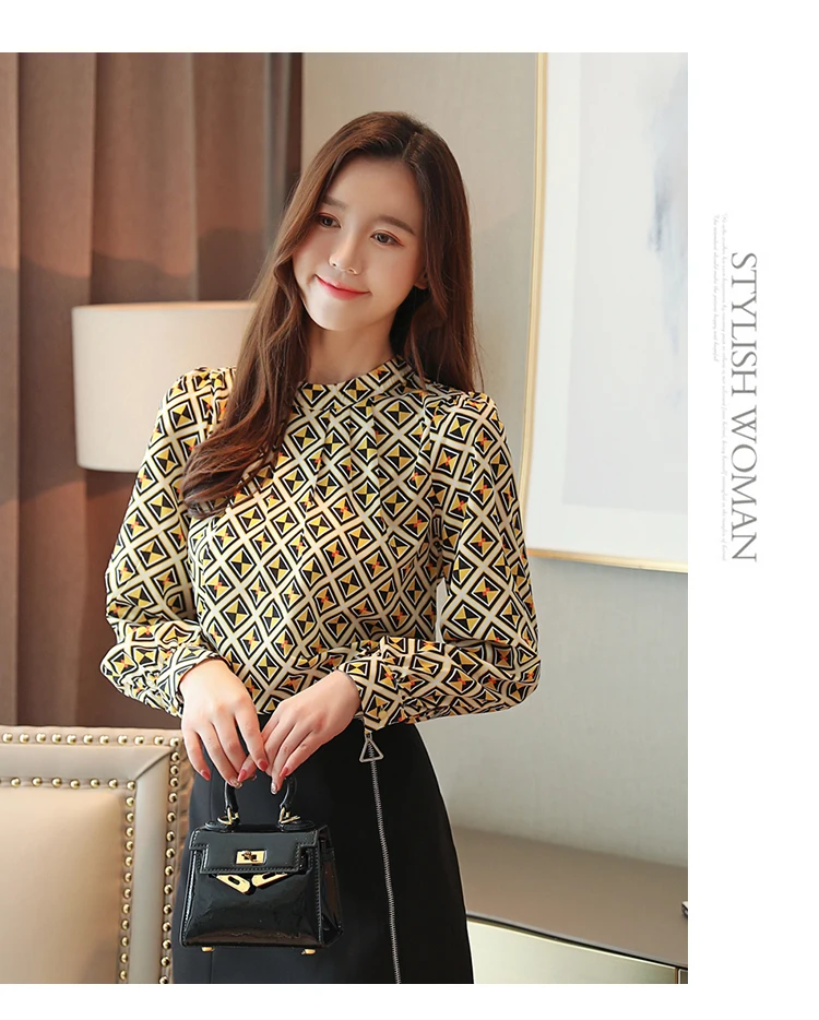Blusas mujer de moda Женские топы и блузки с круглым вырезом, шифоновая Женская одежда с принтом, рубашки с длинным рукавом, женские топы 6053 50