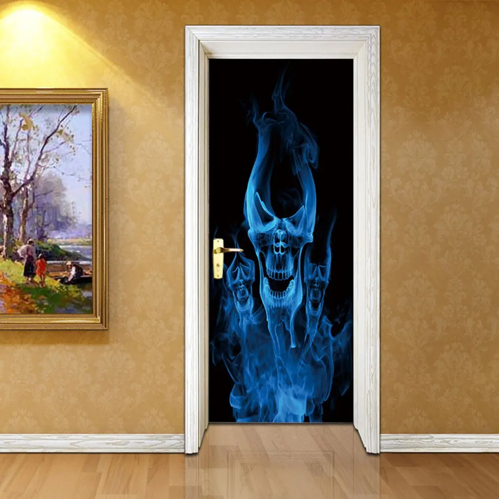 2pcs/set Creative DIY Door Sticker Flame Skull Art Mural Self-adhesive PVC Wall Stickers Home Decor Wallpaper | Дом и сад