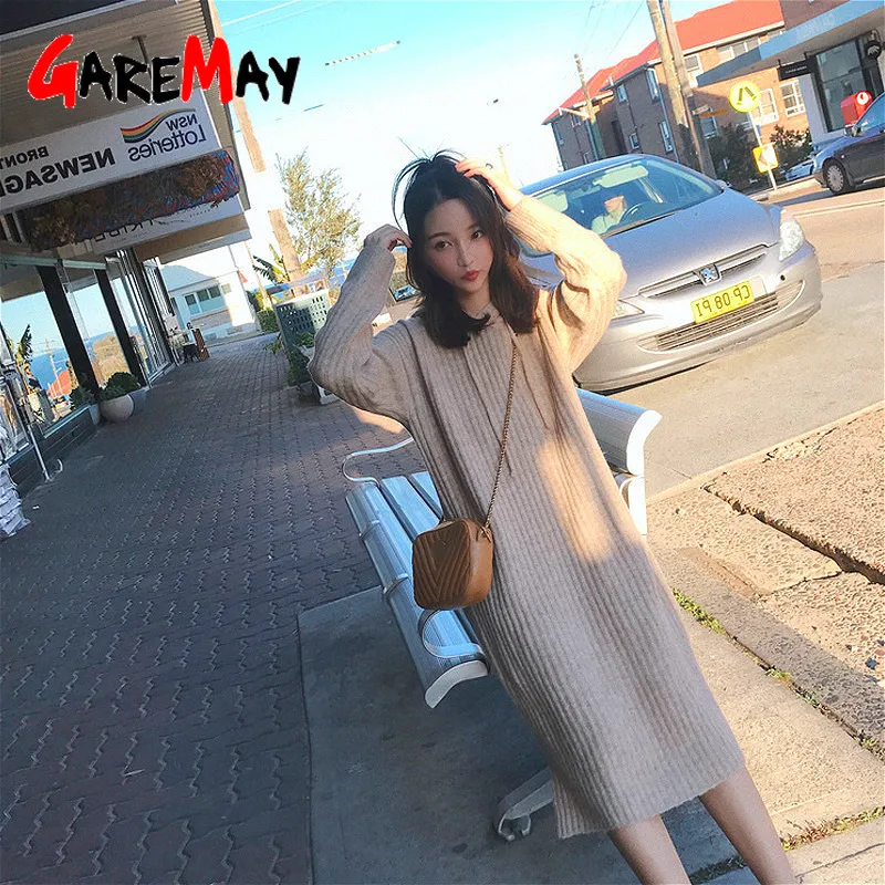 GareMay casual hooded knitted dress winter women's maxi Sweater Dress warm Long loose Long thick long sleeve purple dress female