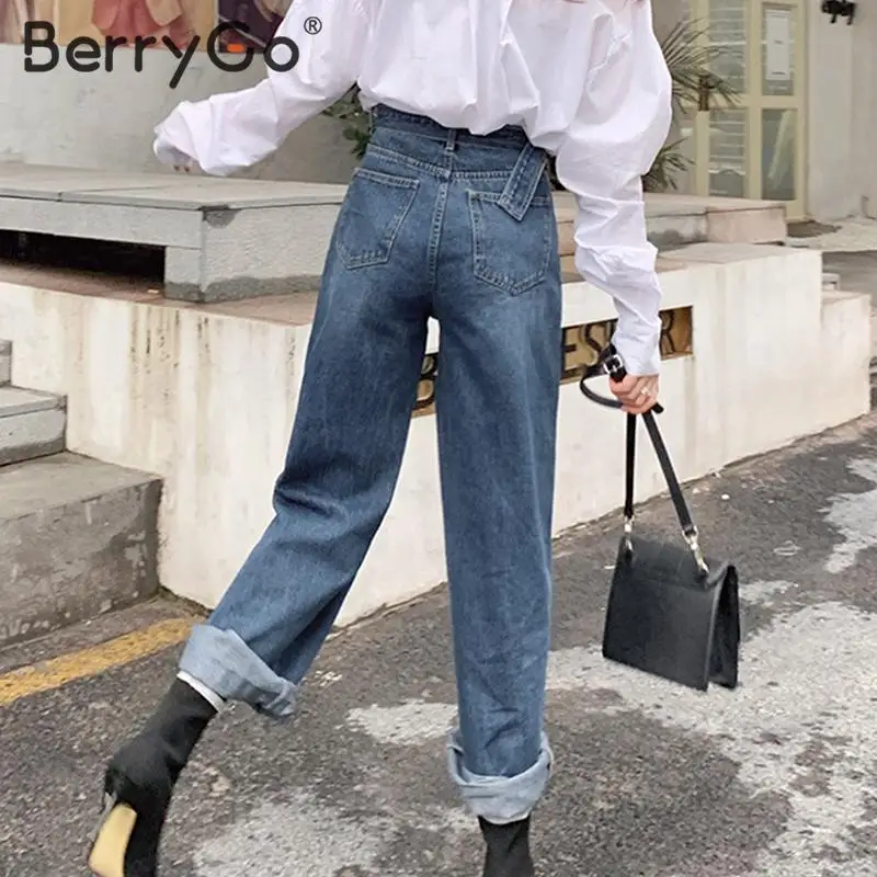 BerryGo, элегантные женские джинсы с поясом, на осень и зиму, с высокой талией, женские джинсовые штаны, на молнии, с карманами, уличная одежда, женские брюки
