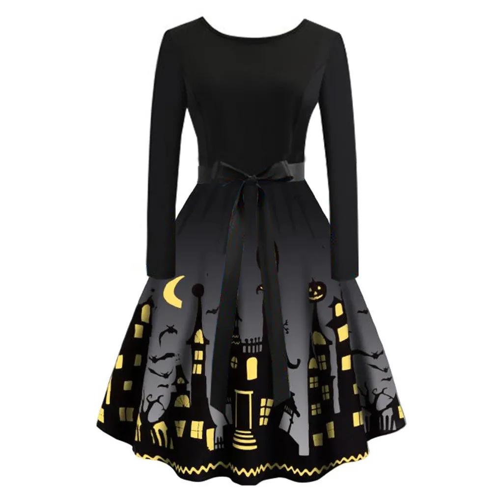 Vintage Bowknot dress Halloween Women's Digital Printed Waist Long Sleeve Stitching A-line O-neck Dress for Autumn And Winter 2