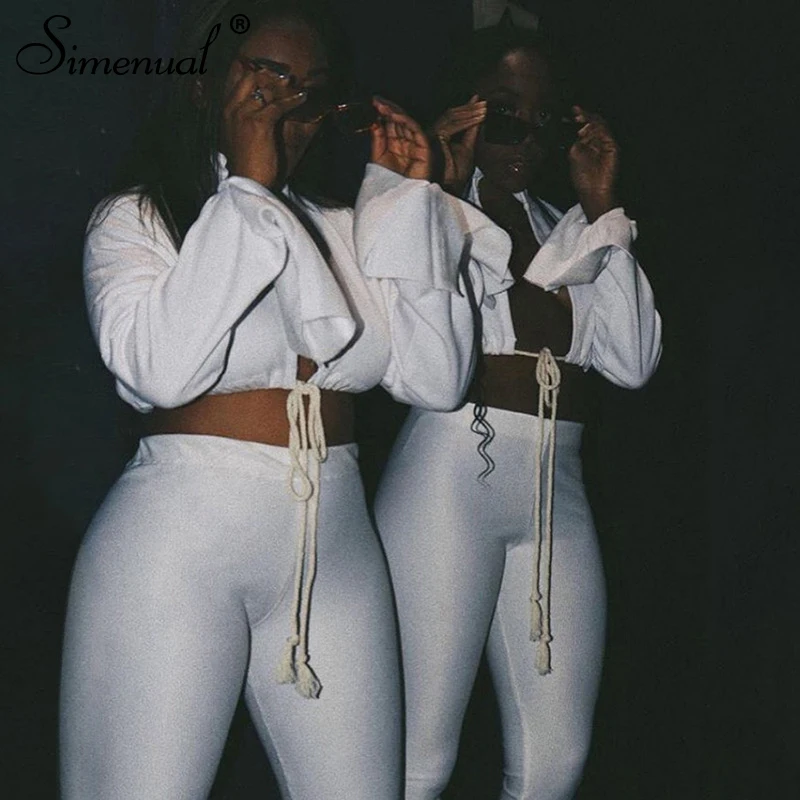 

Simenual White Drawstring Bandage Women Sweatshirts Side Slit Long Sleeve Autumn 2020 Fashion Crop Tie Front Top Deep V Neck Hot