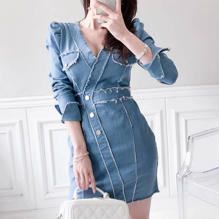 

high-end temperament v-neck han edition cultivate morality long-sleeved fashion denim skirt package buttocks thin dress