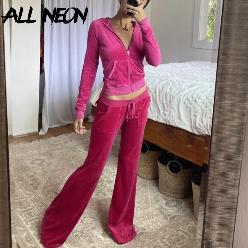 ALLNeon 2000s Aesthetics Pink Velour 2 Piece Sets with Pants Streetwear Zip Up Hoodie Drawstring Low Waist Pants Co-ord Suit