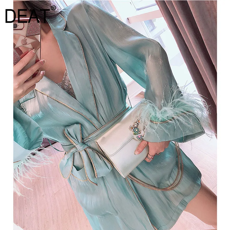 DEAT Autumn And Winter New Products Fashion Solid Color Long-sleeved Lapel Pearly Feather Shirt Jacket Female PB319