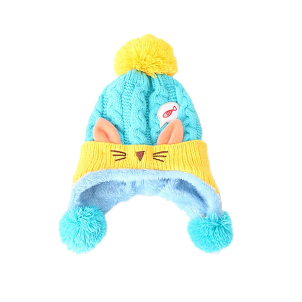 Light blue Зимняя детская шапка, теплая детская шапка Skullies, Шапка-бини для детей, для мальчиков и девочек, с кошачьими ушками, детские вязаные крючком детские шапки - Цвет: Light blue