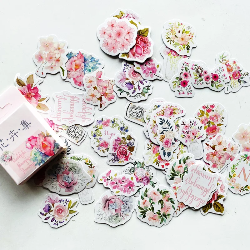 50 unids/caja Floral flores de papel pegatinas DIY decorativas cuaderno diario palo etiqueta