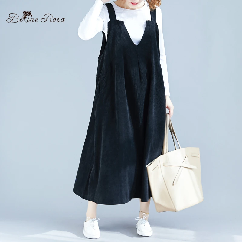 BelineRosa Plus Size Women Clothing Pure Black Sleeveless Thicken Corduroy Vest Dresses Ladies LSMM0004