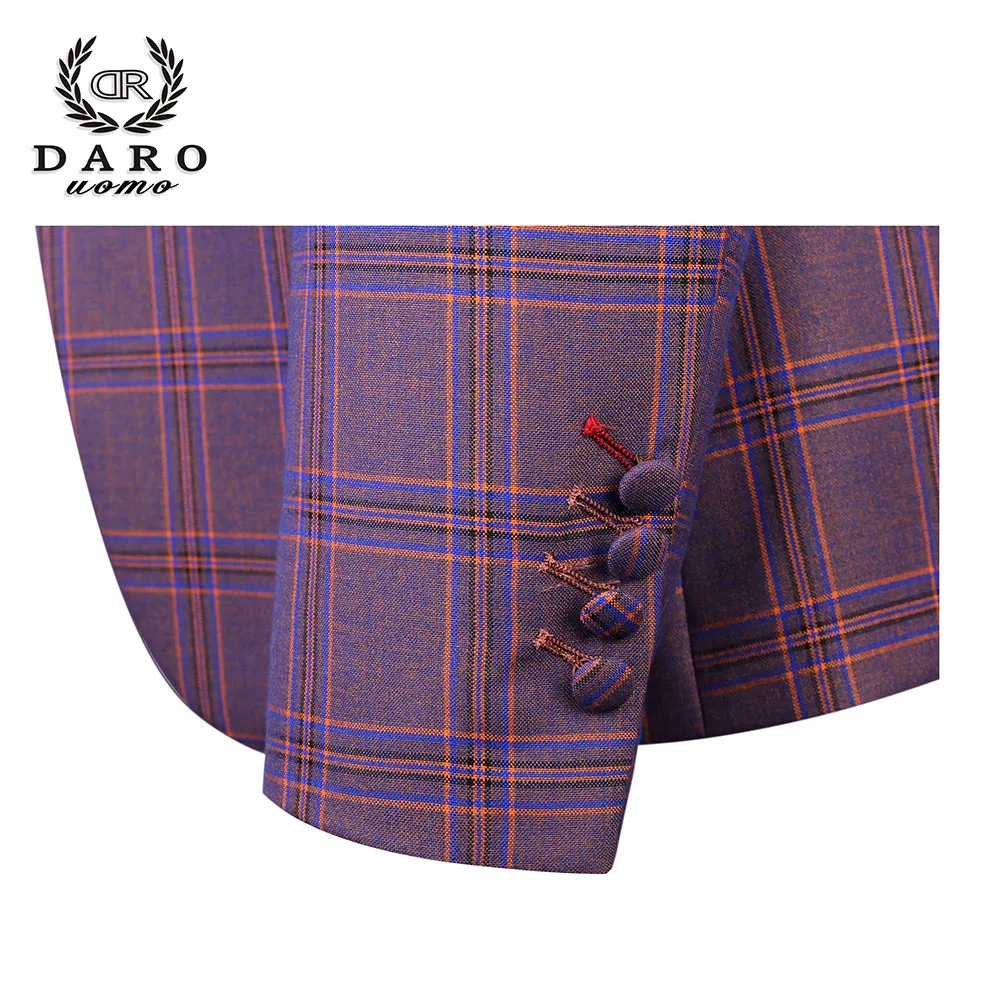 DARO 2020 New Men Suit 3 Pieces Fashion Plaid Suit Slim Fit blue purple Wedding Dress Suits Blazer Pant and Vest DR8193