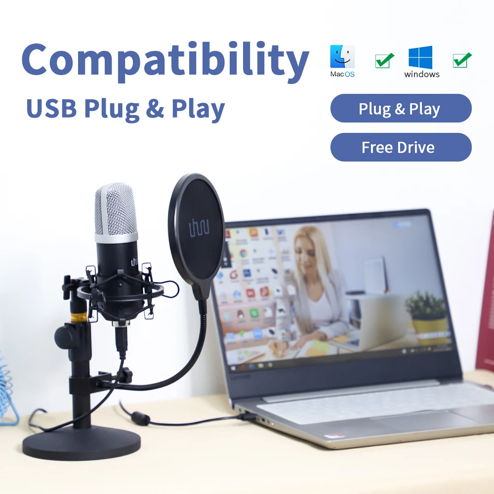 UHURU USB микрофон комплект 192 кГц/24 бит с Алюминиевый Чехол PC конденсаторный Подкаст микрофонный потоковый микрофон Plug& Play для игры в YouTube
