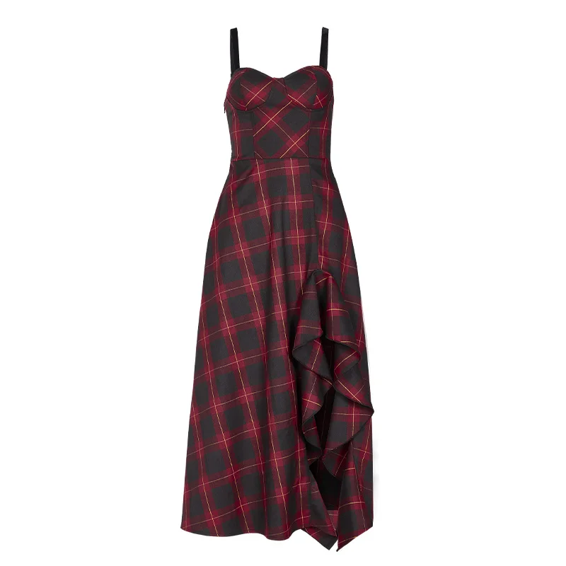 PUNK RAVE Girl's Red-black Check Irregular Ruffle