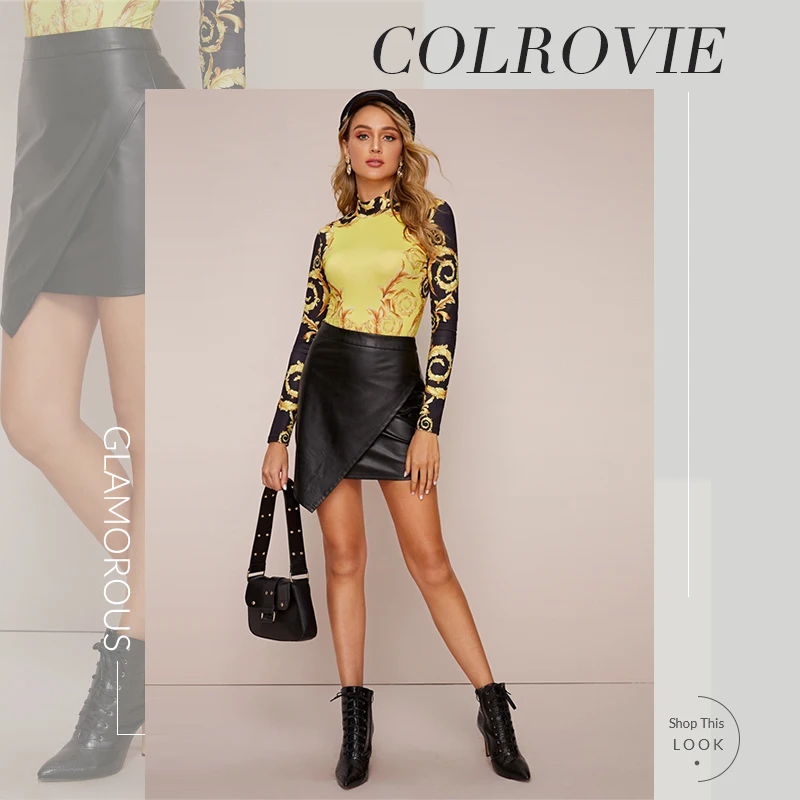 COLROVIE черная юбка с асимметричным подолом, Женская мини-юбка с высокой талией, весна, Женские однотонные прямые элегантные юбки