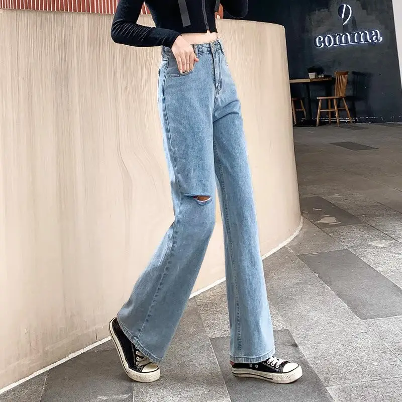 Свободные прямые женские джинсы с высокой талией, женские брюки с широкими штанинами, рваные джинсы больших размеров