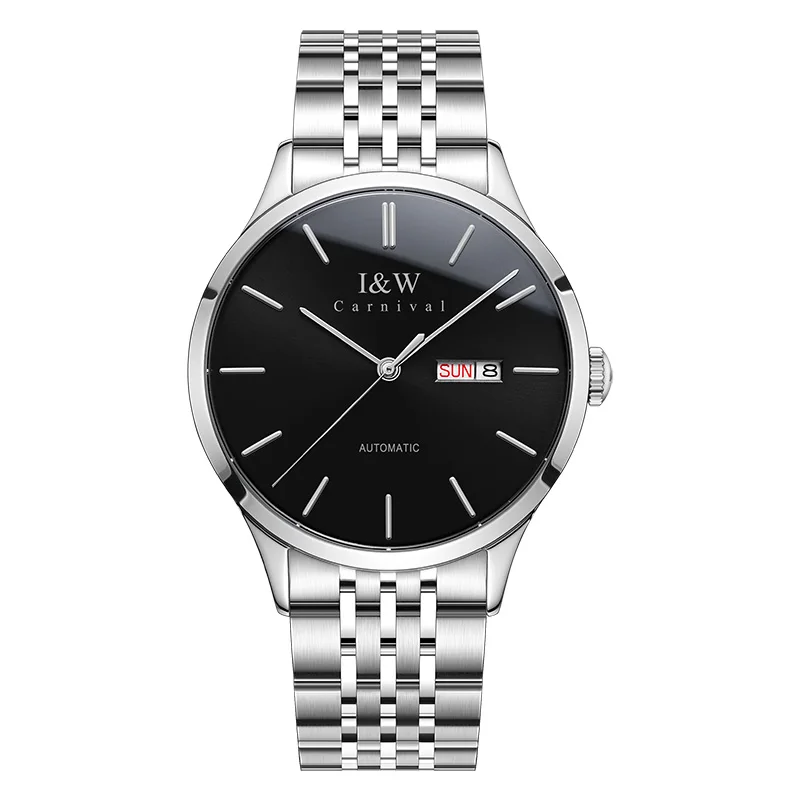 I& W Reloj модные механические часы для мужчин карнавал автоматические нержавеющая сталь мужские s часы лучший бренд класса люкс водонепроницаемые мужские часы - Цвет: silver black
