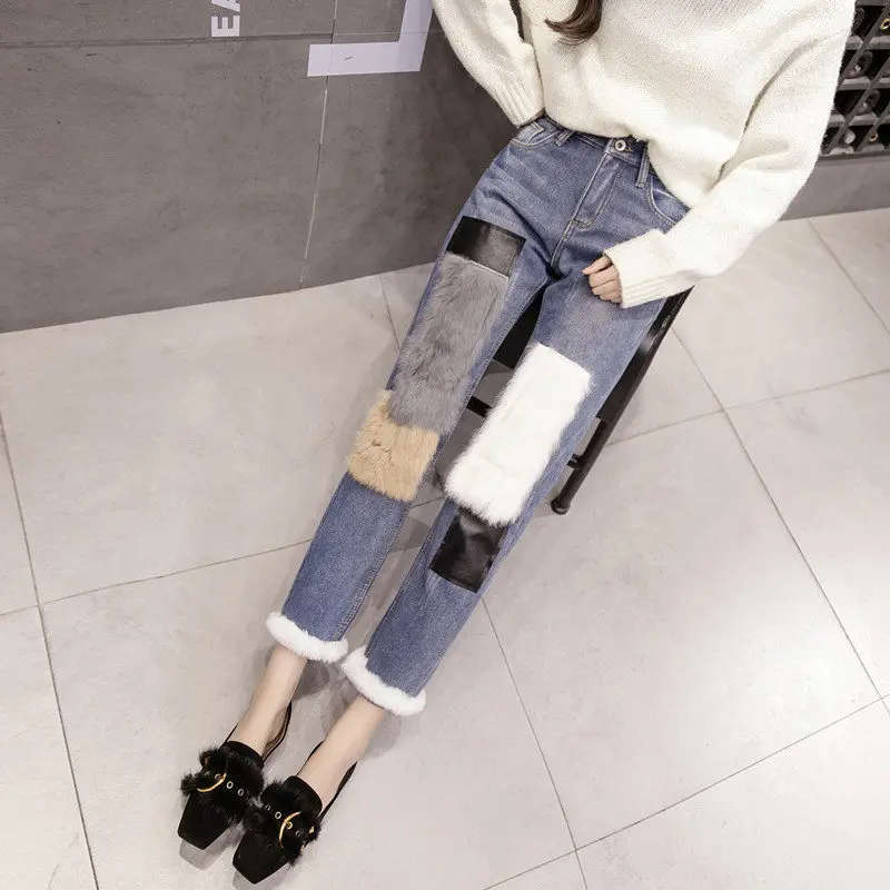Женские плотные вельветовые джинсы с высокой талией, осенне-зимние прямые джинсы с кроличьим мехом, женские джинсовые штаны, зимние джинсы C5947
