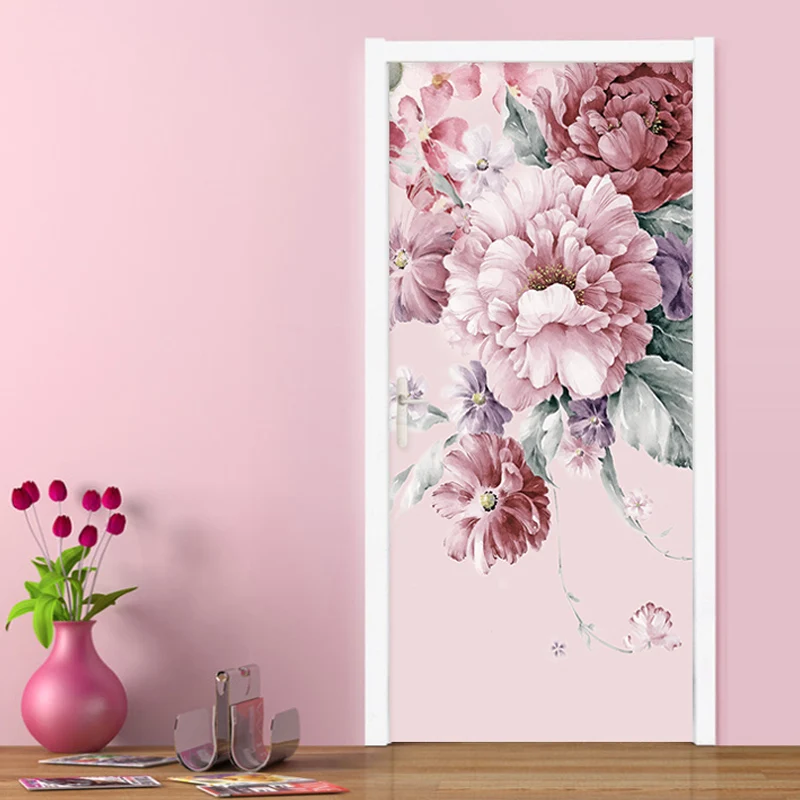 3D Romantic Pink Pastoral Flowers Door Sticker Mural PVC Self-Adhesive Waterproof Door Poster Living Room Bedroom Home Stickers