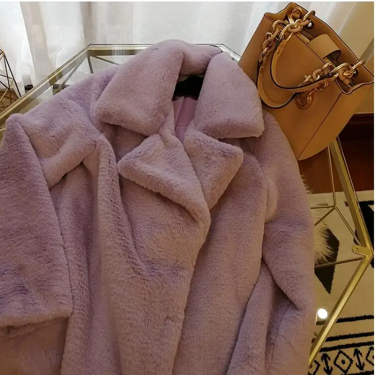 Winter Turn-down Collar Hairy Shaggy Faux Rabbit Macaron purple Fur Coat Long sleeve Furry Faux Fur Women Jacket Outerwear