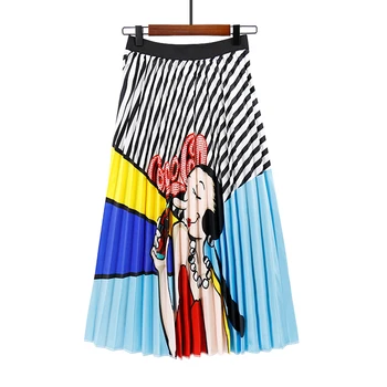 

Europe Cartoon Pattern Pleated Skirt Women's Street Korean Elastic Long Skirts High Quality Skirts Party Holiday Bohemia Skirt