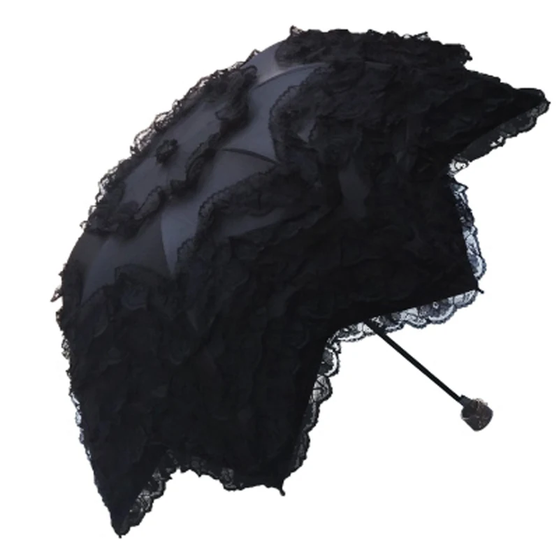 Fashion Ladies Sunny Rainy Parasol UV Protection Windproof Three Fold Black Coating Sunscreen Arched Princess Girl Lace Umbrella