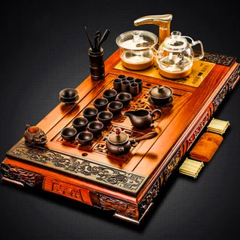 

Chinese High-grade Tea Set Kungfu Tea Tray Household Ceramic Ebony Wood Rosewood Solid Wood Teasea Tea Ceremony Gift Preferred