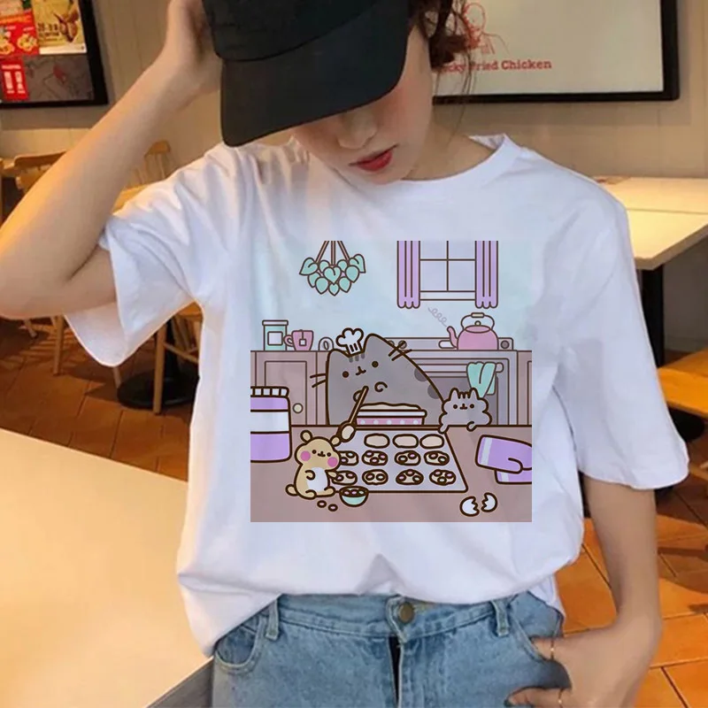 Женские футболки с котом, Harajuku, забавная мультяшная Kawaii футболка, Ullzang, милая, 90 s, графическая, Корейская футболка, модные топы, футболки для женщин