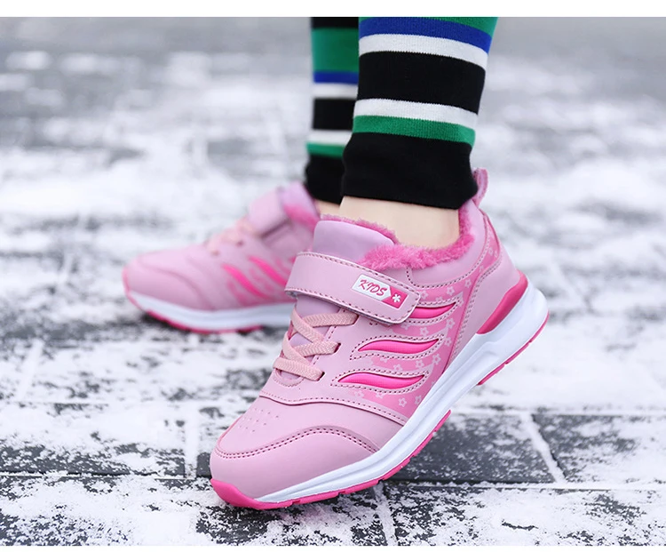 Winter New Girls Sneakers Plus Velvet Thickening Warm Children Sports Shoes Slip Leather Kids Sneakers School Running Shoes