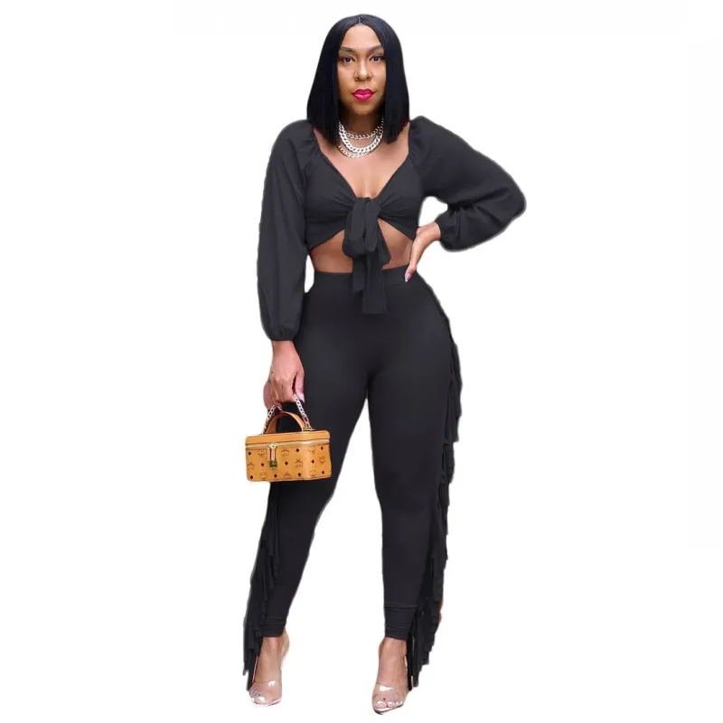 Sexy Wrapped Chest Long-Sleeved Top+Trousers Two-Piece African Women
