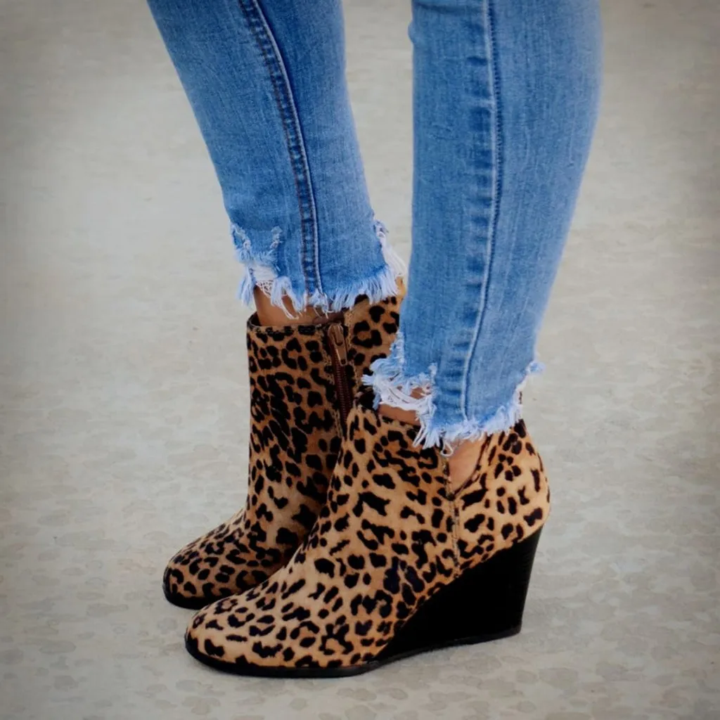 Ankle Boots For Women Leopard Printed Short Boot Wedges Heels Booties Female Round Toe Platform Shoes Plus Size Zapatos De Mujer