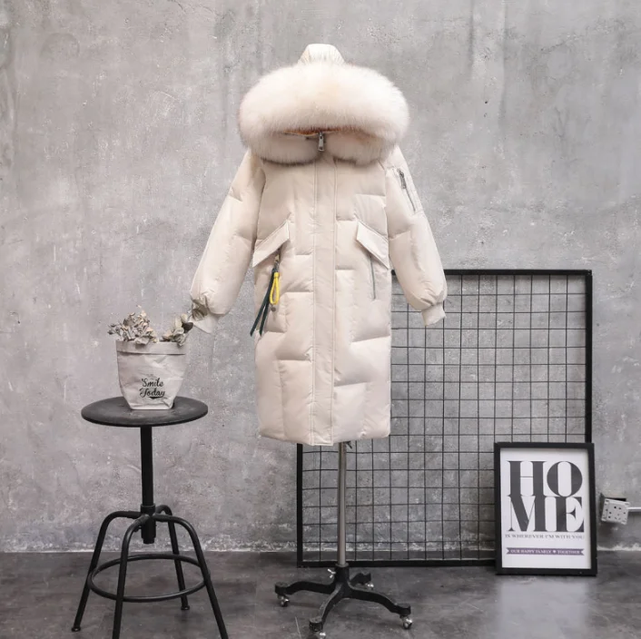 off white 2 Женский пуховик, зимняя теплая куртка на 90% белом утином пуху, длинное пальто с капюшоном и воротником из натурального меха, парка, женская зимняя верхняя одежда - Цвет: off white 2