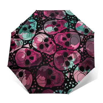 

Sunny Umbrella Abstract Skulls With Dashed Lines Automatic folding portable men women Sunscreen rain Windproof beach parasol