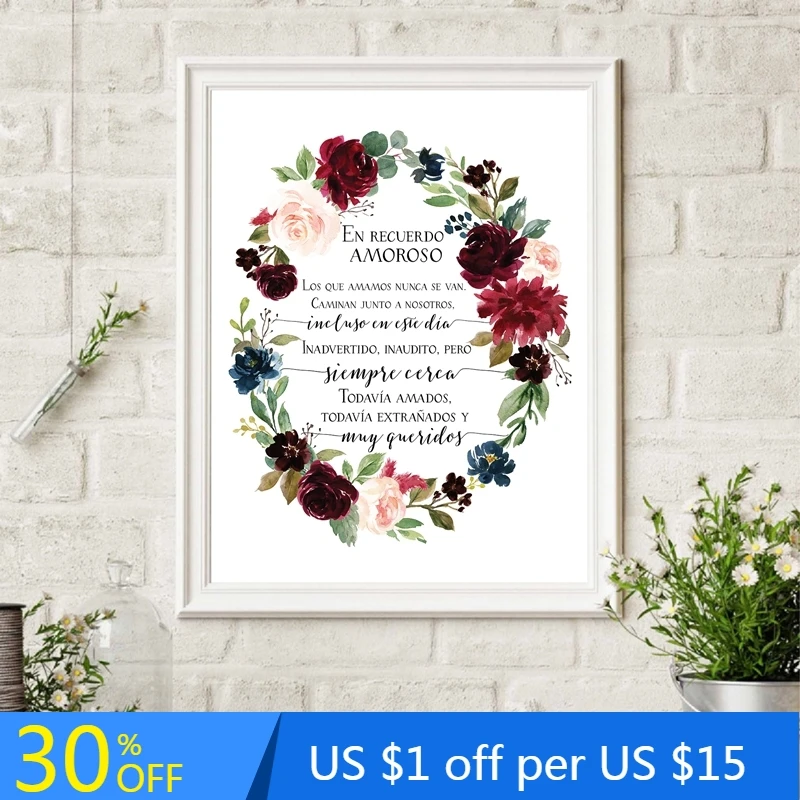 En Recuerdo Amoroso Espagnol En Amour Memoire Citation Art Toile Peinture Mariage Memorial Signe Decor Aquarelle Imprimes Floraux Aliexpress